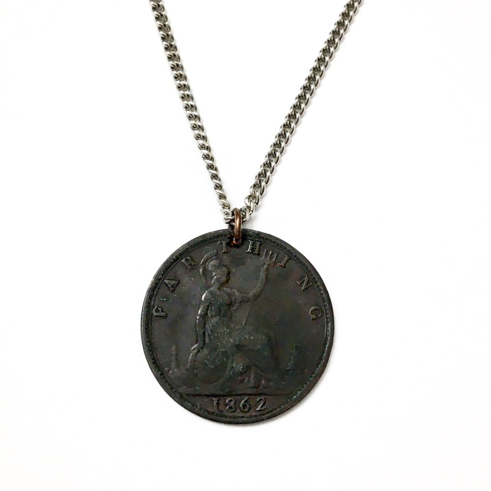 RARE 1862 Antique Coin Necklace — Victorian Era — Sterling Silver Chain